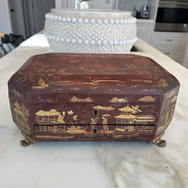 Antique 19th Century Finely Painted Oxblood Chinese Export Lacquered Sewing Box