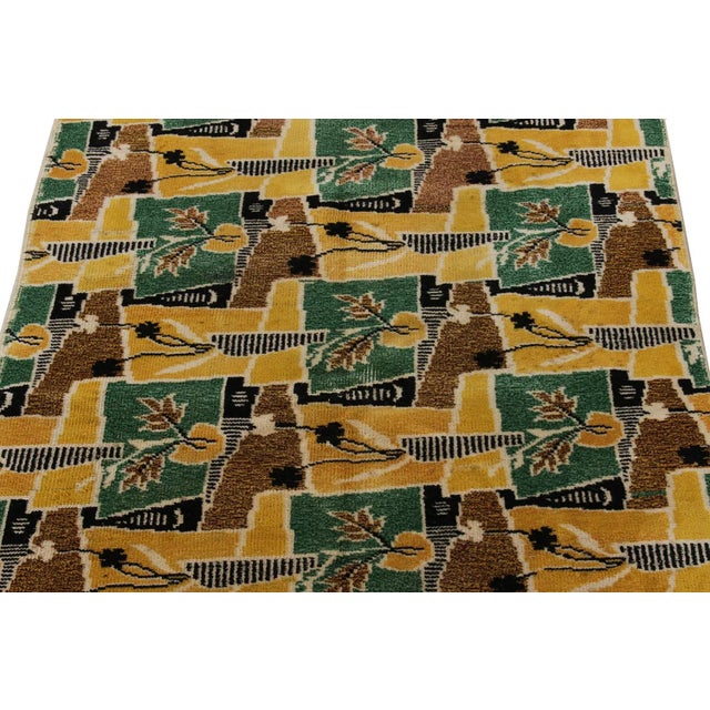1960s Vintage Mid-Century Modern Rug, Green, Gold and Brown Floral Deco Pattern For Sale - Image 4 of 6
