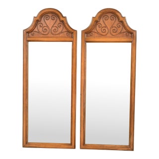 Henredon Style Mid-Century Hollywood Regency Carved Fruitwood Tall Wall Mirrors, Pair For Sale