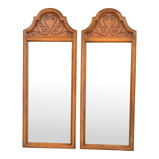 Henredon Style Mid-Century Hollywood Regency Carved Fruitwood Tall Wall Mirrors, Pair For Sale