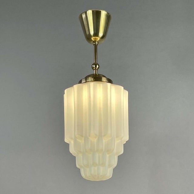 1930s Art Deco White Opaline Glass and Brass Skyscraper Pendant Light, 1930s For Sale - Image 5 of 13