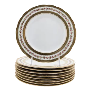 Scalloped Edge Antique English Dessert Plates, Rose and Gilt Design - Set of 10
