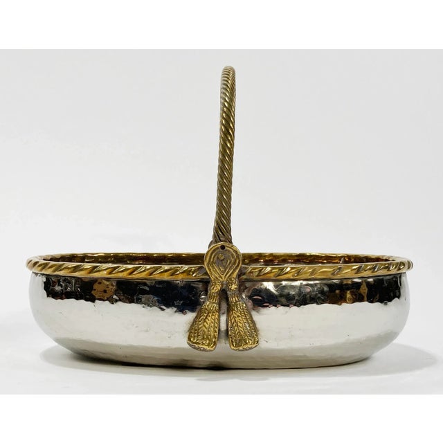 Metal Vintage Heavy Hammered Silver Bowl With Brass Rope Handle For Sale - Image 7 of 10
