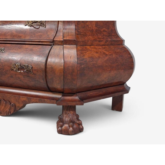 Dutch Baroque Style, Large Bombe Bookcase, Burr Walnut, Glass, England, 1940s For Sale - Image 13 of 15