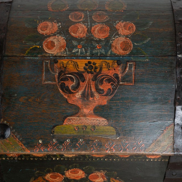 Teal Original Hand Painted Teal Oak Dome Top Swedish Trunk Dated 1846 For Sale - Image 8 of 15