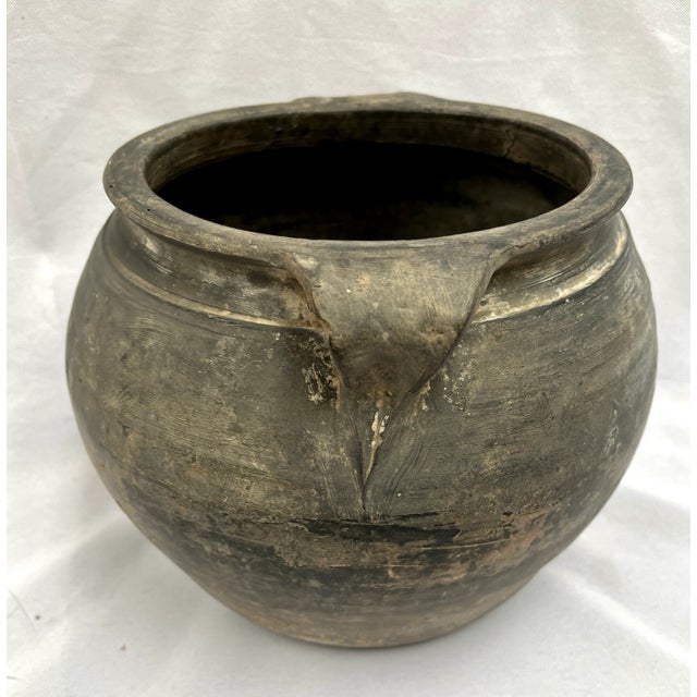 Black Mid 20th Century Rustic Hand Turned Pottery Vase/Pot/Planter/Jug With Lamb's Ear Handles For Sale - Image 8 of 13