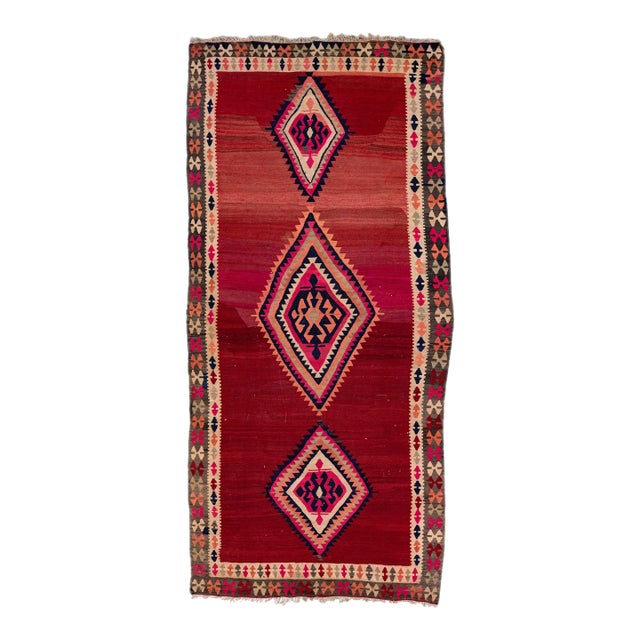 Mid-20th Century Turkish Kilim Red Handmade Tribal Wool Rug For Sale