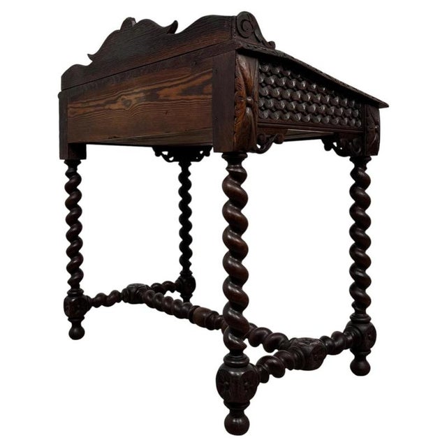 Wood 19th Antique Century English Victorian Carved Oak Writing Table with Leather Top For Sale - Image 7 of 11