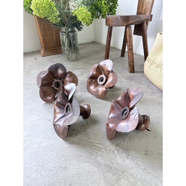 1970s Wooden Flower Wall Sconces, 1970s, Set of 4 For Sale - Image 5 of 18