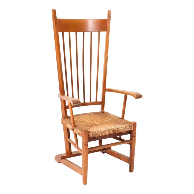 Arts & Crafts Art Nouveau High Back Armchair in Oak with Rush Seat, 1900s For Sale