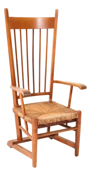 Arts & Crafts Art Nouveau High Back Armchair in Oak with Rush Seat, 1900s