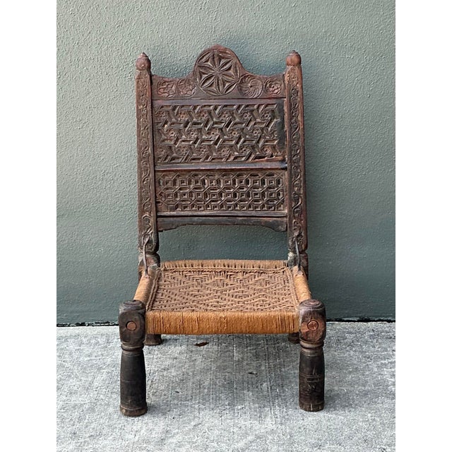 Coffee Vintage Hand Carved Low Weavers Chair For Sale - Image 8 of 12