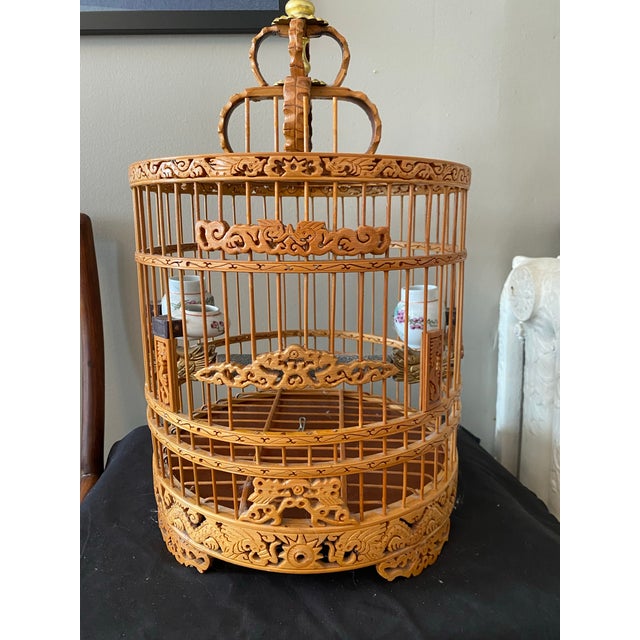 Chinese Mid 20th Century Vintage Chinese Bamboo Song Bird Bird Cage With Porcelain Feed Bowls For Sale - Image 3 of 7