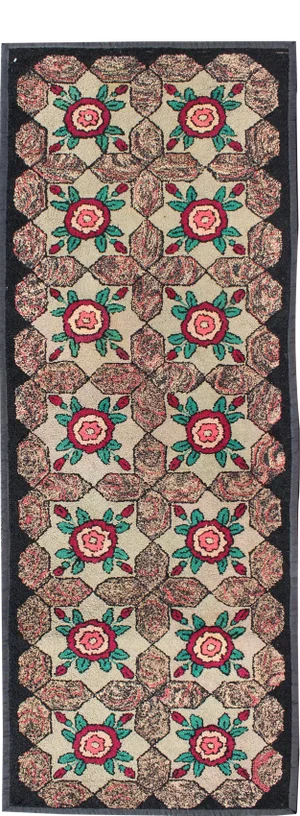 Repeating Floral-Leaf Design American Hooked Rug in Brown, Green, and Red