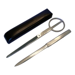 J.A.Henckels Scissor & Letter Opener Leather Case Desk Set - 3 Piece Set For Sale