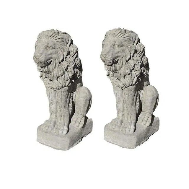 English Two Tall Gray Architectural French Sitting Stone Concrete Lions, a Pair For Sale - Image 3 of 8