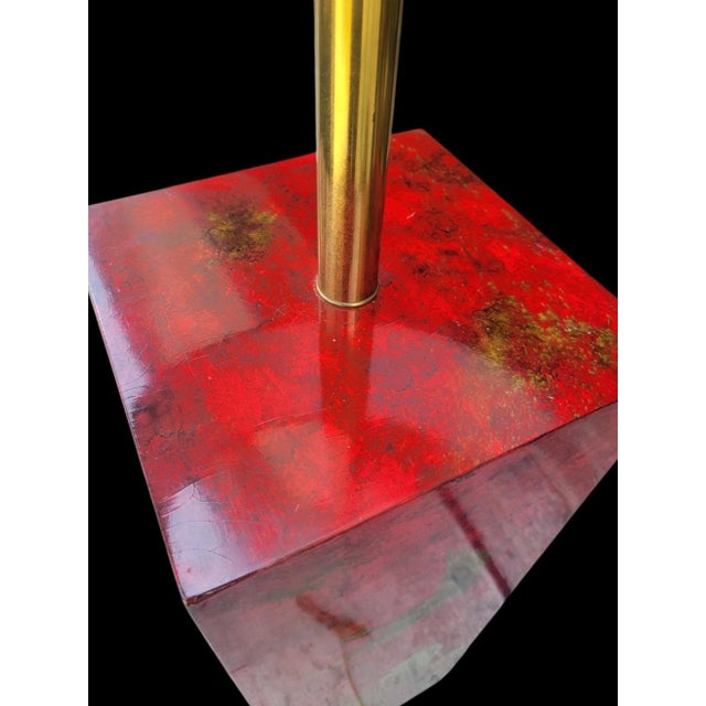 Red Rare Vintage Chinoiserie Red Lacquered Pedestal Bird Floor Lamp With Huge Linen Shade For Sale - Image 8 of 12
