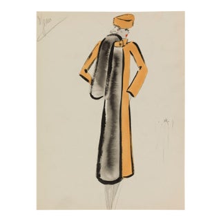 Vintage French Fashion Art Print – Golden Yellow Coat Illustration, 12" X 16" For Sale