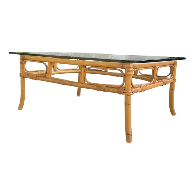 Vintage Palm Beach Bamboo + Rattan Coffee Table For Sale