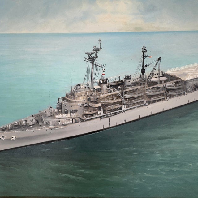 Vintage Original Oil Painting Uss Ozark McS-2 u.s. Navy Ship C. 1969 For Sale - Image 4 of 11
