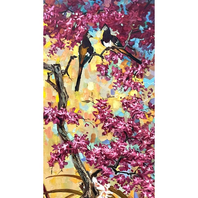 Hot Pink Signed Chinoiserie Painting of Florals and Birds on Canvas For Sale - Image 8 of 12