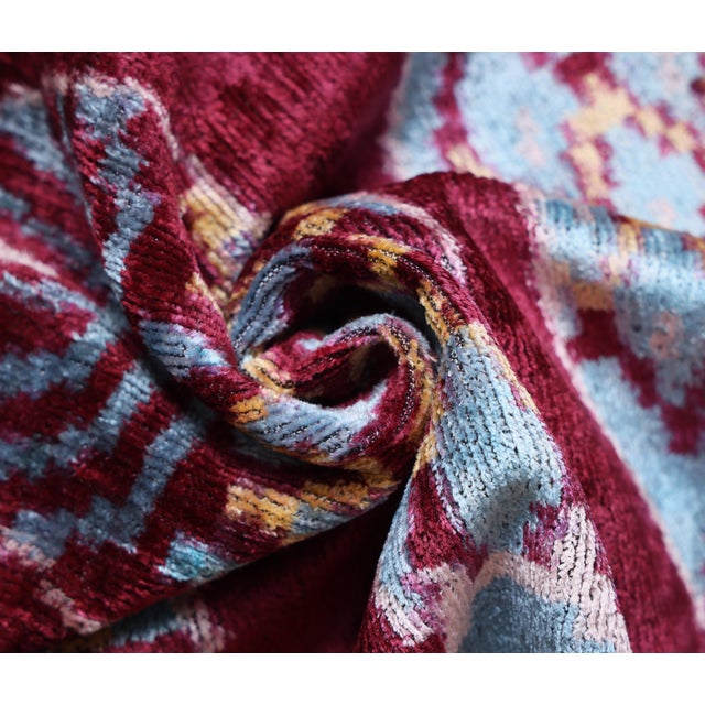 Textile Hand-Knotted Silk Velvet Ikat Lumbar Pillow - 16x24 Burgundy & Sky Blue For Sale - Image 7 of 8