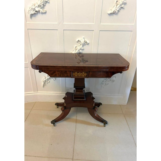 Antique English Regency Mahogany Brass Inlaid Fold-Over Console Card Table, 1830 For Sale - Image 18 of 18