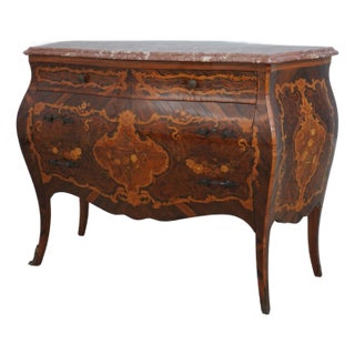 1950s French Louis XV Marquetry Inlaid Marble Top Commode For Sale
