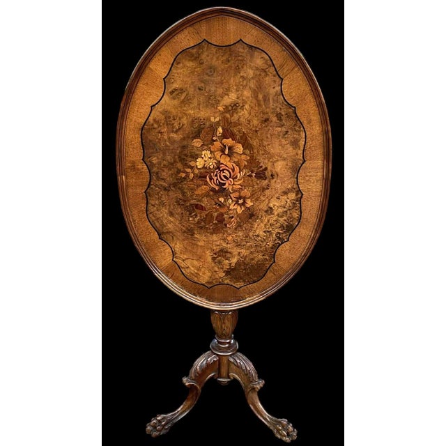 Brown Late 19th Century Victorian Tilt-Top Table W/Burlwood Top, Floral Inlay and Lions Paw Feet For Sale - Image 8 of 8