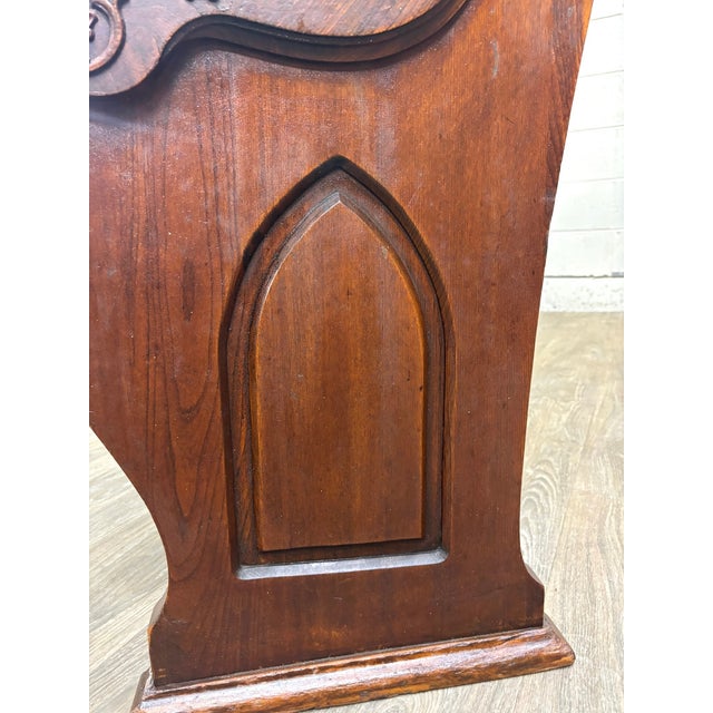 Early 20th Century Antique American Gothic Revival 8 Ft Carved Solid Oak Church Pew For Sale - Image 5 of 12