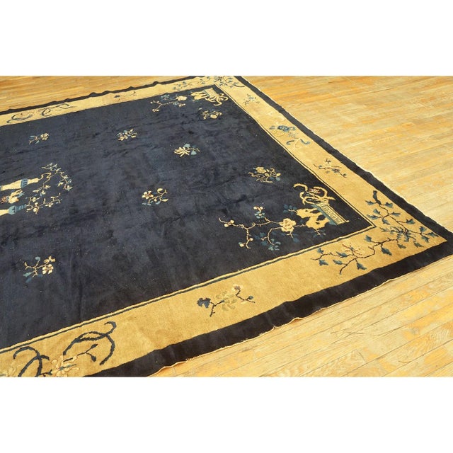 Antique Chinese Wool Blue Rug Art Deco Design Room Size 1920s 9' 1" X 11' 5" For Sale In New York - Image 6 of 10