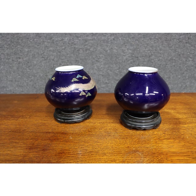 Blue Pair of Japanese Cobalt Blue Porcelain Vases With Copper Overlay For Sale - Image 8 of 12