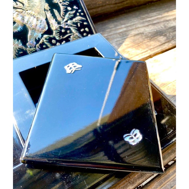 Tiger Smoking Box & Ashtray Set Circa 1950 Korean Black Lacquer Mother-of-Pearl For Sale - Image 12 of 18