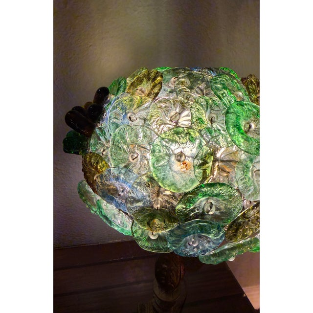 Beautiful 1970s Hollywood Regency Hand Blown Murano Glass Textured Translucent Blue, Green and Yellow Flowers Lampshade With Original Base For Sale - Image 12 of 12