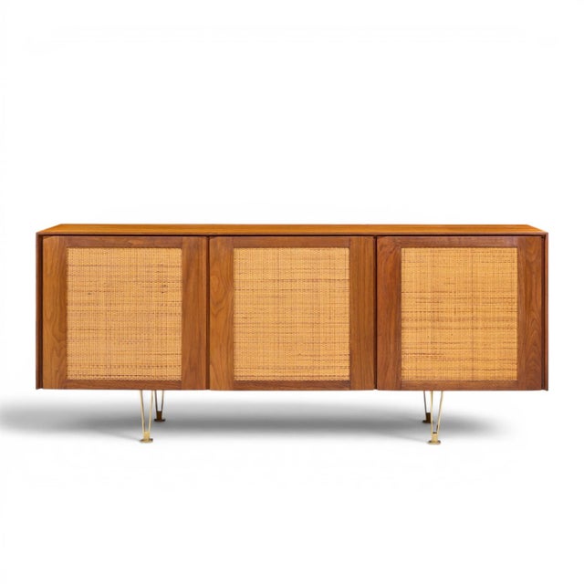 Gio Ponti for Singer & Sons Model 2184 Mid Century Walnut, Cane and Brass Credenza This credenza measures: 72 wide x 20...