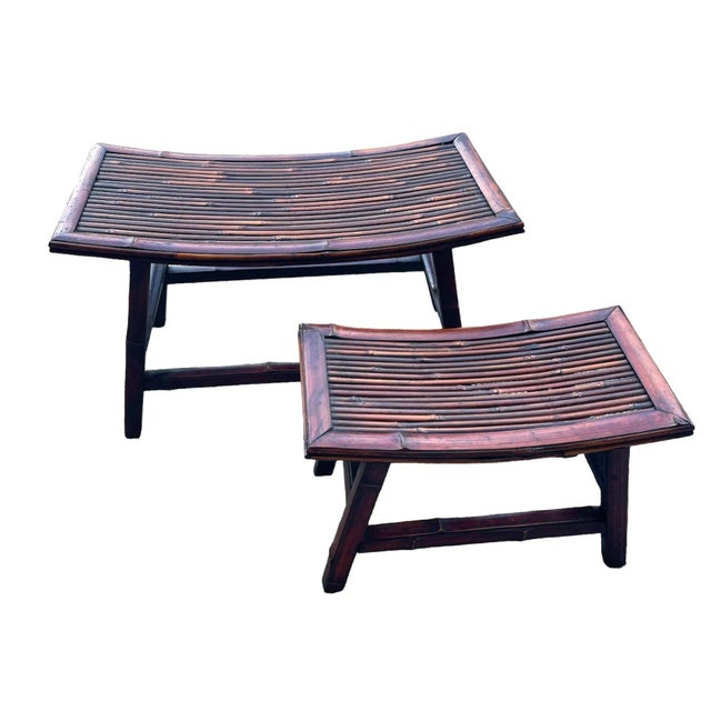 Coastal Pair of Rattan Bamboo Curved Benches | Chairish