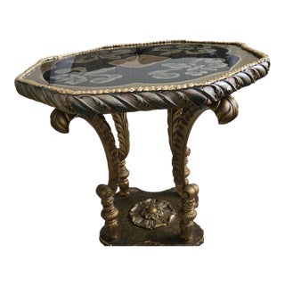 Vintage Hollywood Regency MCM Brass-Gilded Eglomise Glass Top Accent Table For Sale