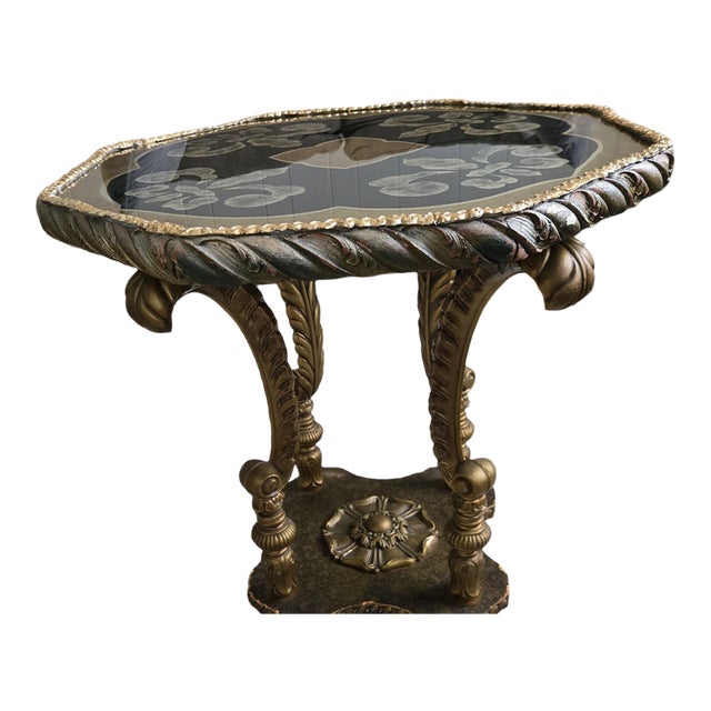 Vintage Hollywood Regency MCM Brass-Gilded Eglomise Glass Top Accent Table For Sale