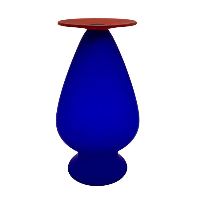 Cobalt Blue Satin Glass Vase With Orange Base - 9" Tall For Sale - Image 4 of 10