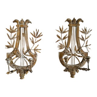 Vintage Hand Carved Italian Neoclassical Gilt Wood Lyre Wall Candle Sconces, a Pair For Sale