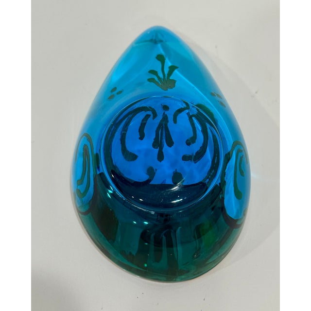 Glass Mid-Century Venetian Art Glass Teardrop Blue Tre Fuochi Handpainted Dish Italy For Sale - Image 7 of 8