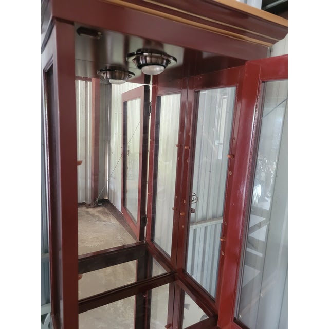 Oxblood Red Vintage Dark Red Gold Faux Bamboo Ming Leg Jasper Style Palm Beach Regency Lighted Glass Shelving Etagere Cabinets- A Pair For Sale - Image 8 of 8