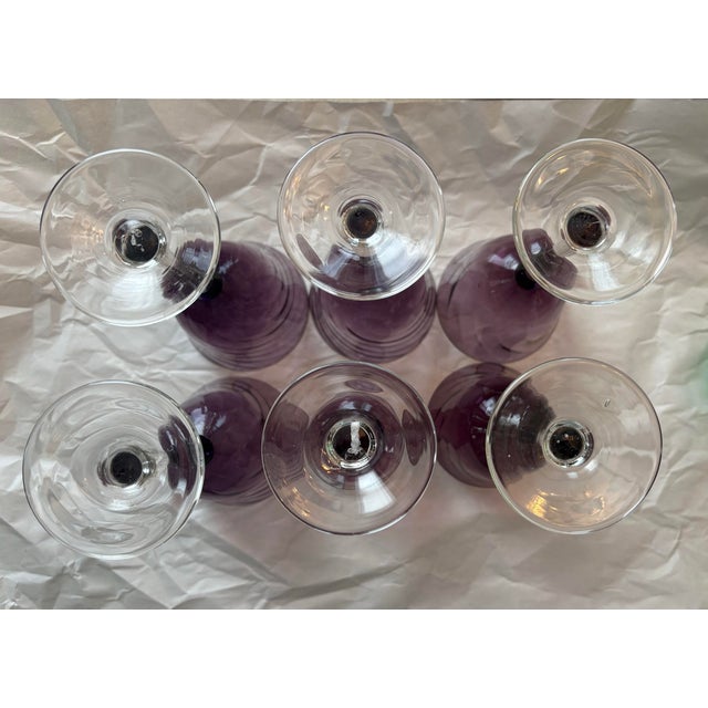 Mid 20th Vintage Mid Century Modern Amethyst Hand-Blown Wine Goblets With Spiral Optic Bowls - Set of 6 For Sale - Image 4 of 8