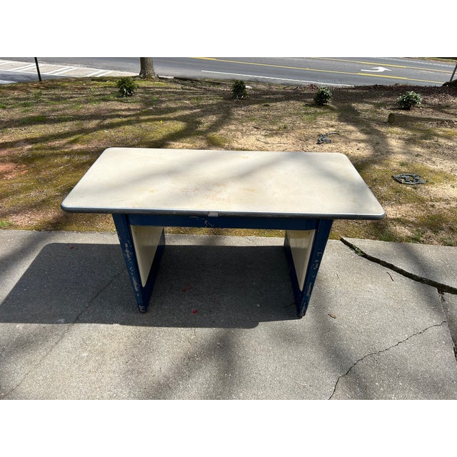 Mid-Century Modern Vintage Industrial Steel Work Desk With Blue Frame and White Formica Top For Sale - Image 3 of 9