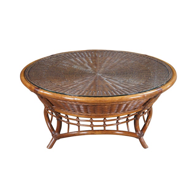 Contemporary Mid 20th Century Mid Century Bohemian Round Woven Bamboo Rattan Coffee Table 38" For Sale - Image 3 of 11