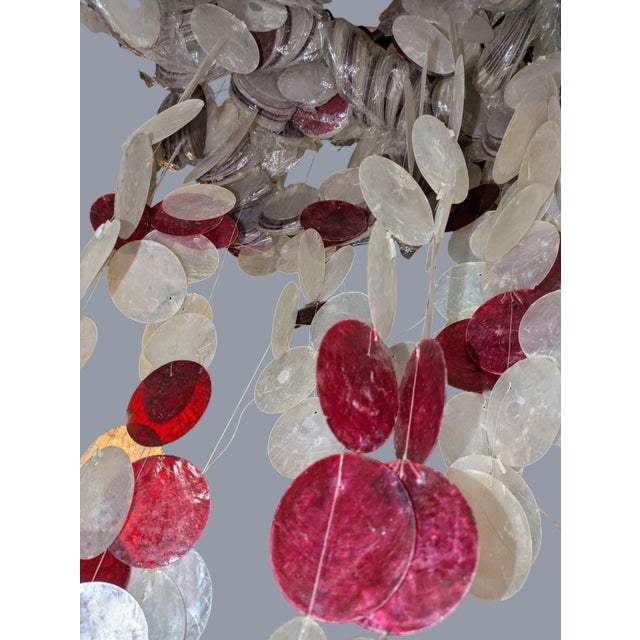 Vintage Mid-Century Modern Red & White Capiz Shell Hanging Chandelier Sculpture For Sale - Image 9 of 11
