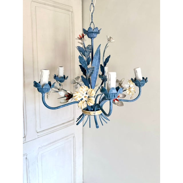 Vintage Floral Painted Steel Five-Light Chandelier from Lamparas Schuller, Spain, 1990s For Sale - Image 17 of 18