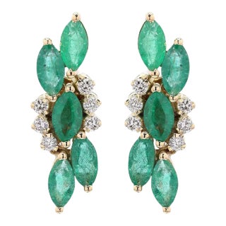3.5Ct Emerald and Diamond Vintage Stud Earrings in 18k Yellow Gold- 2 Pieces For Sale