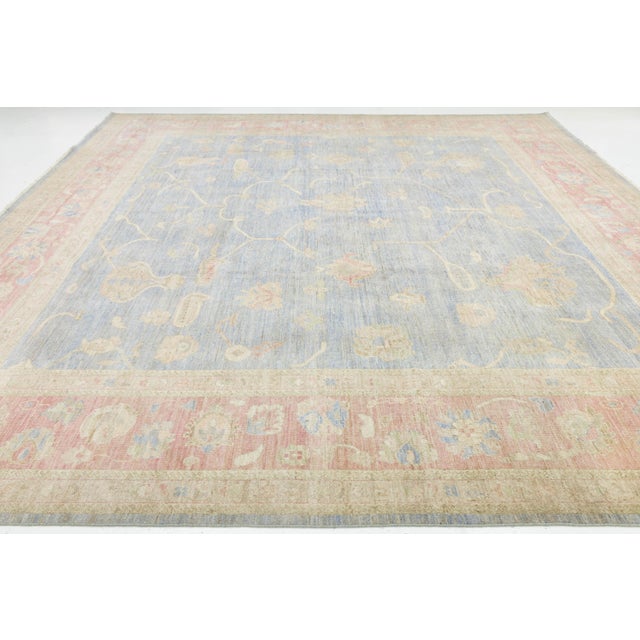 Textile Modern Oushak Style Area Rug – Hand-Knotted Wool – Muted Blue, Soft Peach & Sand For Sale - Image 7 of 11