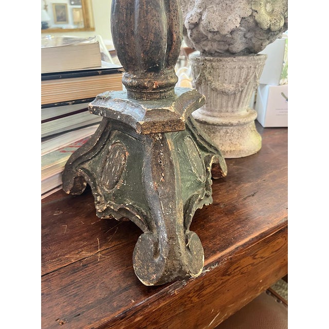 This beautiful, carved Baroque lamp has a stunning, timeworn patina. The base, once a candlestick, is a deep green with...